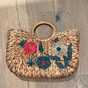 Straw Studios Tan Woven Tote with Floral Embroidery